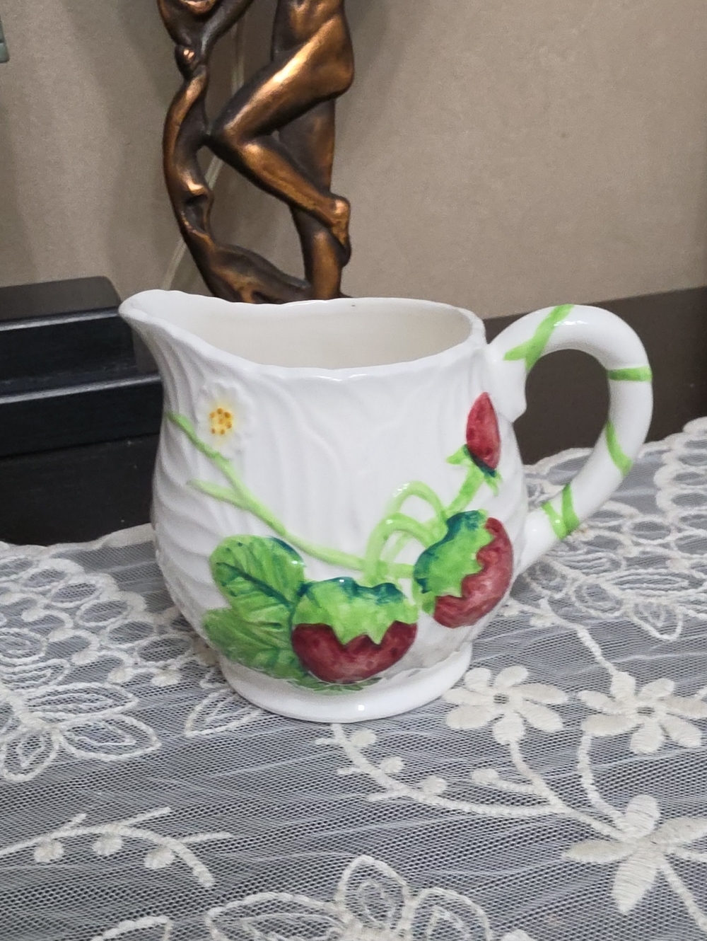 Lefton White Ceramic Creamer with Red Strawberry and Green Leaf Accents
